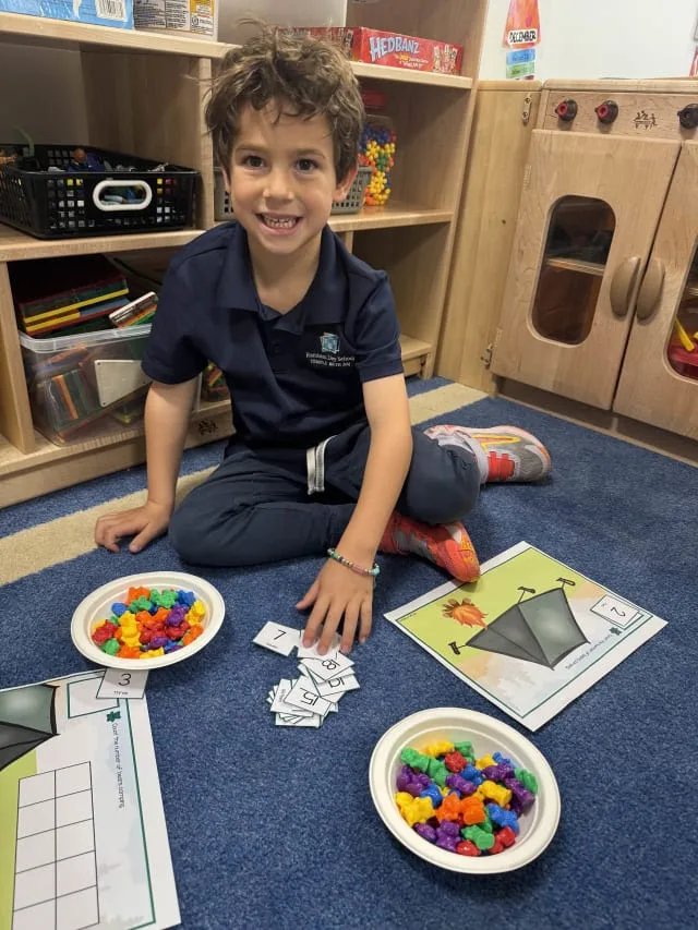 boy uses colored blocks and flashcards to learn counting